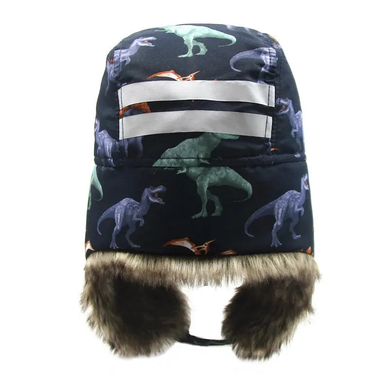 Winter Children Fur Keep Warm Hats Cartoon Dinosaur Pattern Ushanka Caps for 1-10 Years Boys Girls Windproof Soft Skiing Hat