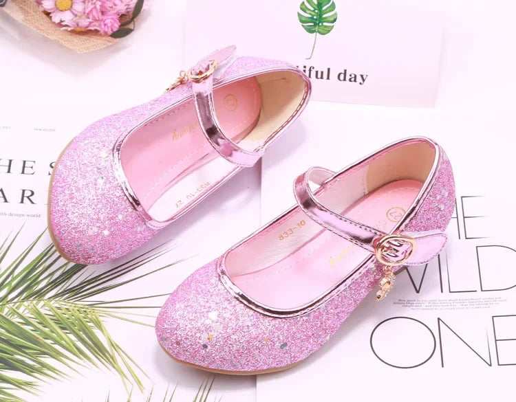Girls High Heels Children's Leather Shoes Small Children Princess Single Shoes Sequins Students Dance Performance Gift