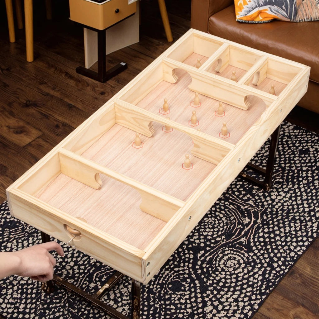 Custom logo retro gyro spinning mini bowling board large tabletop wooden toy family party table game