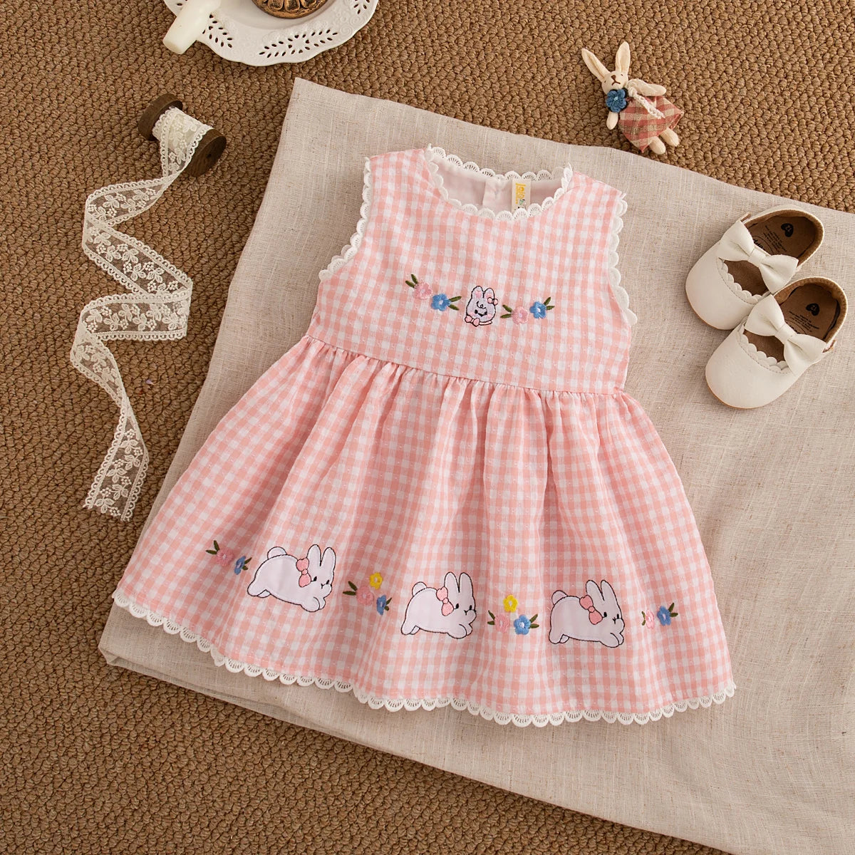 Sweet White Lace Baby Girl Dress, Summer New Cute Little Plaid Rabbit Children'S Clothing (9 Months -4 Years Old)