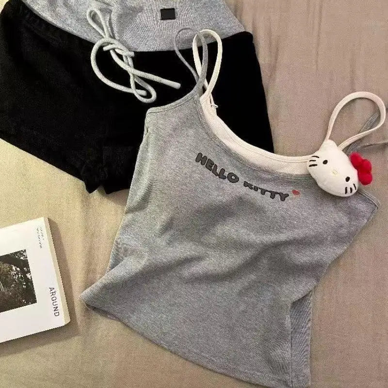 2Pcs Kitty  Women's Pajamas set shorts Cartoon Home Clothing Sling Y2K Sweet Summer Cool Chest Pad Vest Shorts Korean Clothes
