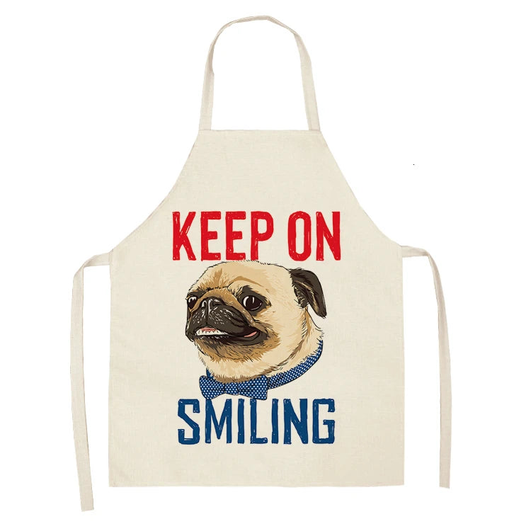 Cute Dog Pug Pattern Cotton Linen Sleeveless Chef Apron Kitchen Aprons Women Home Cooking Baking Waist Bib Pinafore 55x68cm