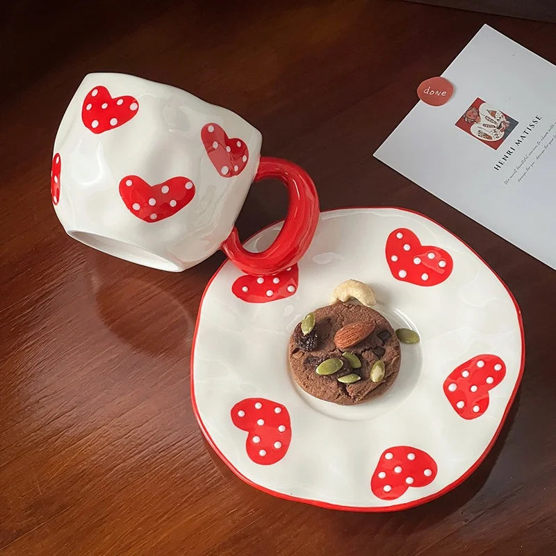 340ML Hand-painted Flower Love heart Ceramic Coffee Cup with Saucer Home Office Water Cup Breakfast Milk Juice Teacup Gift Set