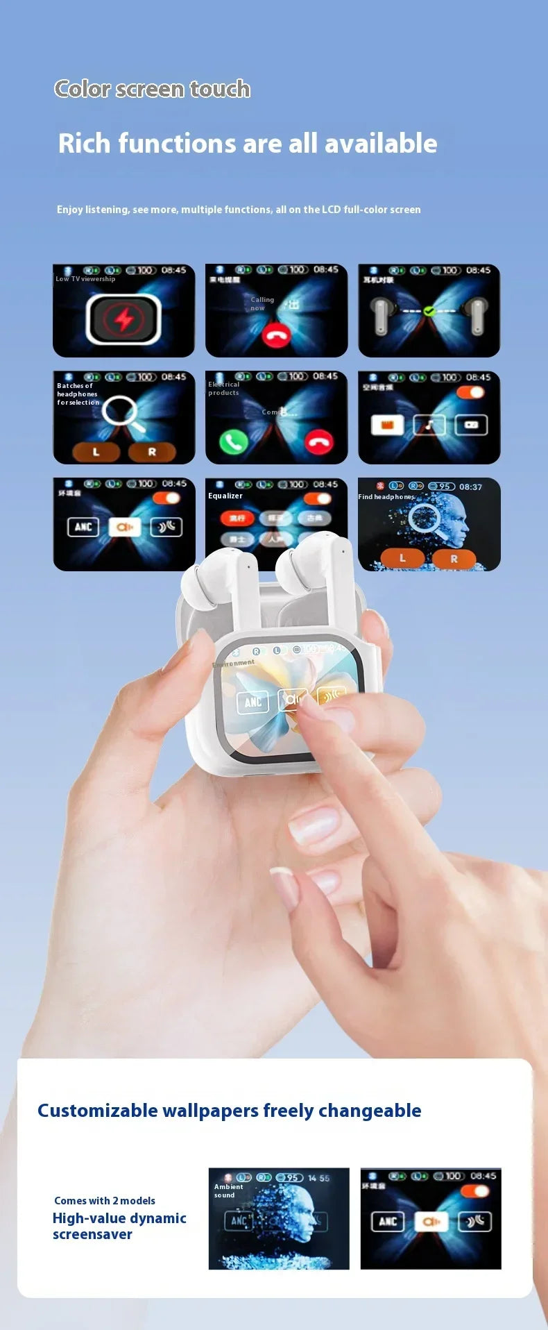 Real Time Translators Bluetooth 5.4 Headphones with Touch Screen 144 Languages Translation Earbuds Noise Cancelling Headset Gift