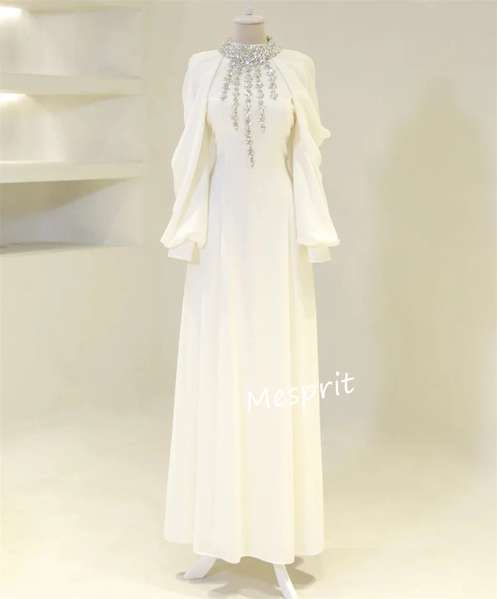 Matching Jersey Pleat Sequined A-line High Collar Long Dresses Bespoke Occasion Intricate Formal
