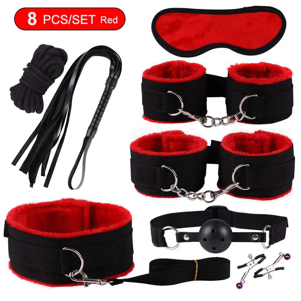 Exotic Bed Bondage Set BDSM Kits Exotic Sex Toys For Adults Games Leather Handcuffs Whip Gag Nipple Clamps Women Sex Products