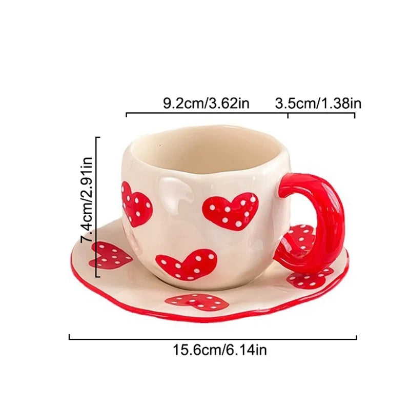 340ML Hand-painted Flower Love heart Ceramic Coffee Cup with Saucer Home Office Water Cup Breakfast Milk Juice Teacup Gift Set