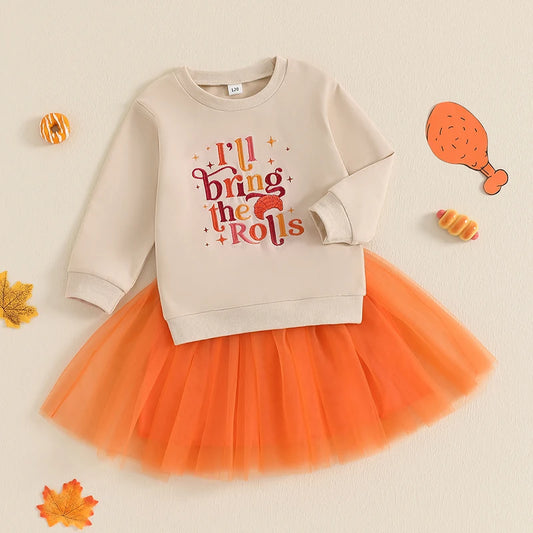 Kids Baby Girl Thanksgiving Outfits Letter Embroidery Long Sleeve Sweatshirt and Orange Tulle Skirt 2 Pcs Party Sets 1-7Years