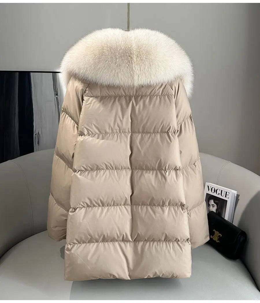 2025 Winter New Mid-length Temperament White Goose Puffer Parkas Women Fox Fur Detachable Large Lapel Fur Down Jacket High Qual
