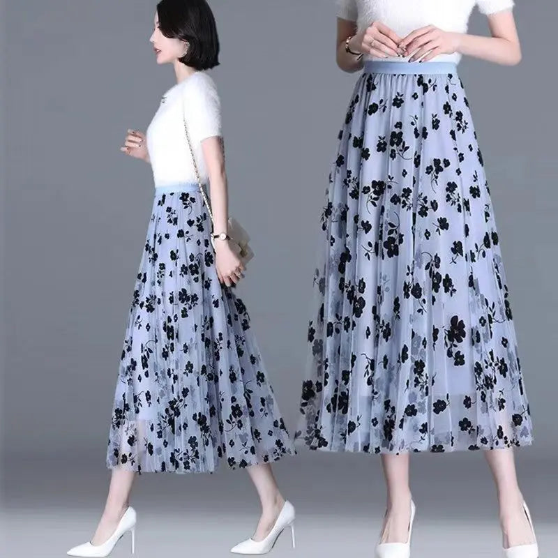 Korean Women Tulle Skirt Fashion Summer Hook Floral Loose Midi Skirt Elegant Female Casual All Match Mesh Skirts New