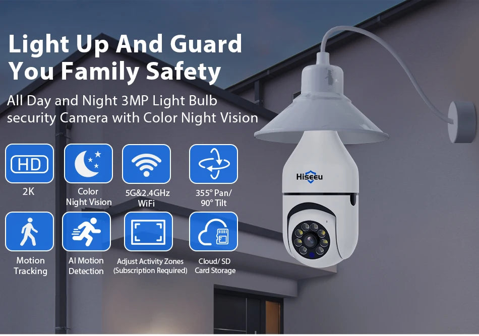 Hiseeu 3MP Wifi PTZ IP Camera E27 Light Bulb Camera Night Vision Auto Tracking Two-way audio Wireless CCTV Surveillance Security