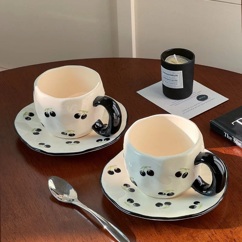 340ML Hand-painted Flower Love heart Ceramic Coffee Cup with Saucer Home Office Water Cup Breakfast Milk Juice Teacup Gift Set