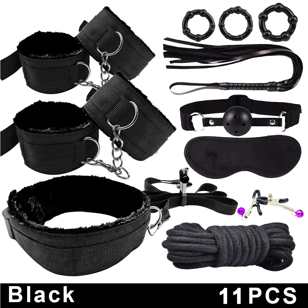 Exotic Bed Bondage Set BDSM Kits Exotic Sex Toys For Adults Games Leather Handcuffs Whip Gag Nipple Clamps Women Sex Products