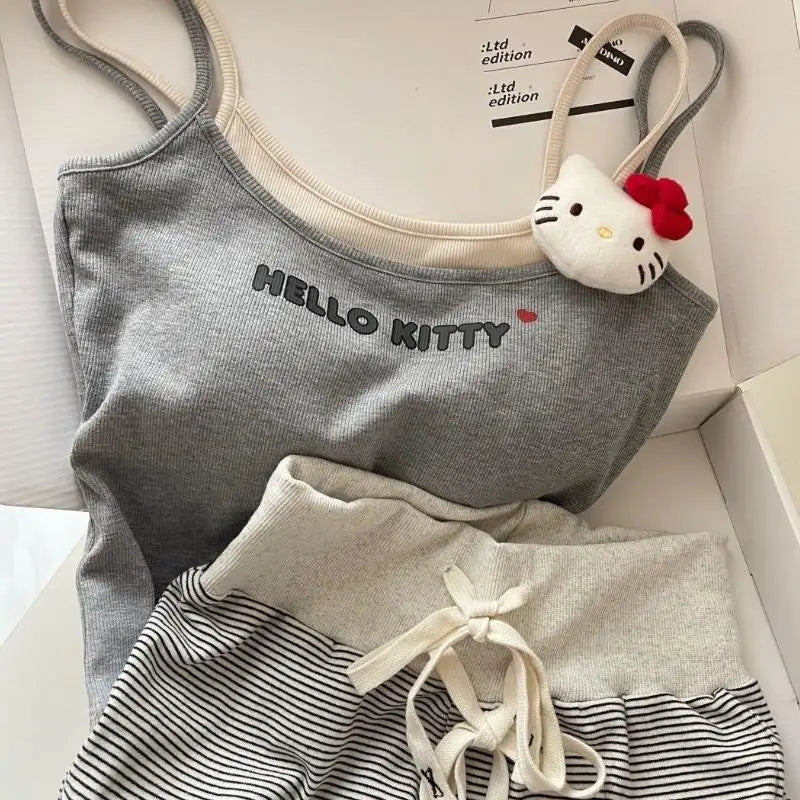 2Pcs Kitty  Women's Pajamas set shorts Cartoon Home Clothing Sling Y2K Sweet Summer Cool Chest Pad Vest Shorts Korean Clothes
