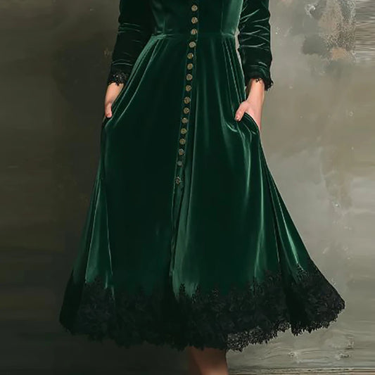 Women's Vintage Gothic Velvet Dress Solid Long Sleeves V Neck Button Lace Trim Midi Dress Pockets Elegant Party Evening Dresses