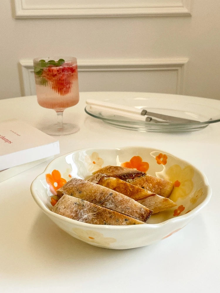 1PCS Ceramic Salad Bowl Hand Pinched Irregular Ins Korean Style Cream Yellow Yogurt Bowl Oatmeal Breakfast Plates Flower Bowl