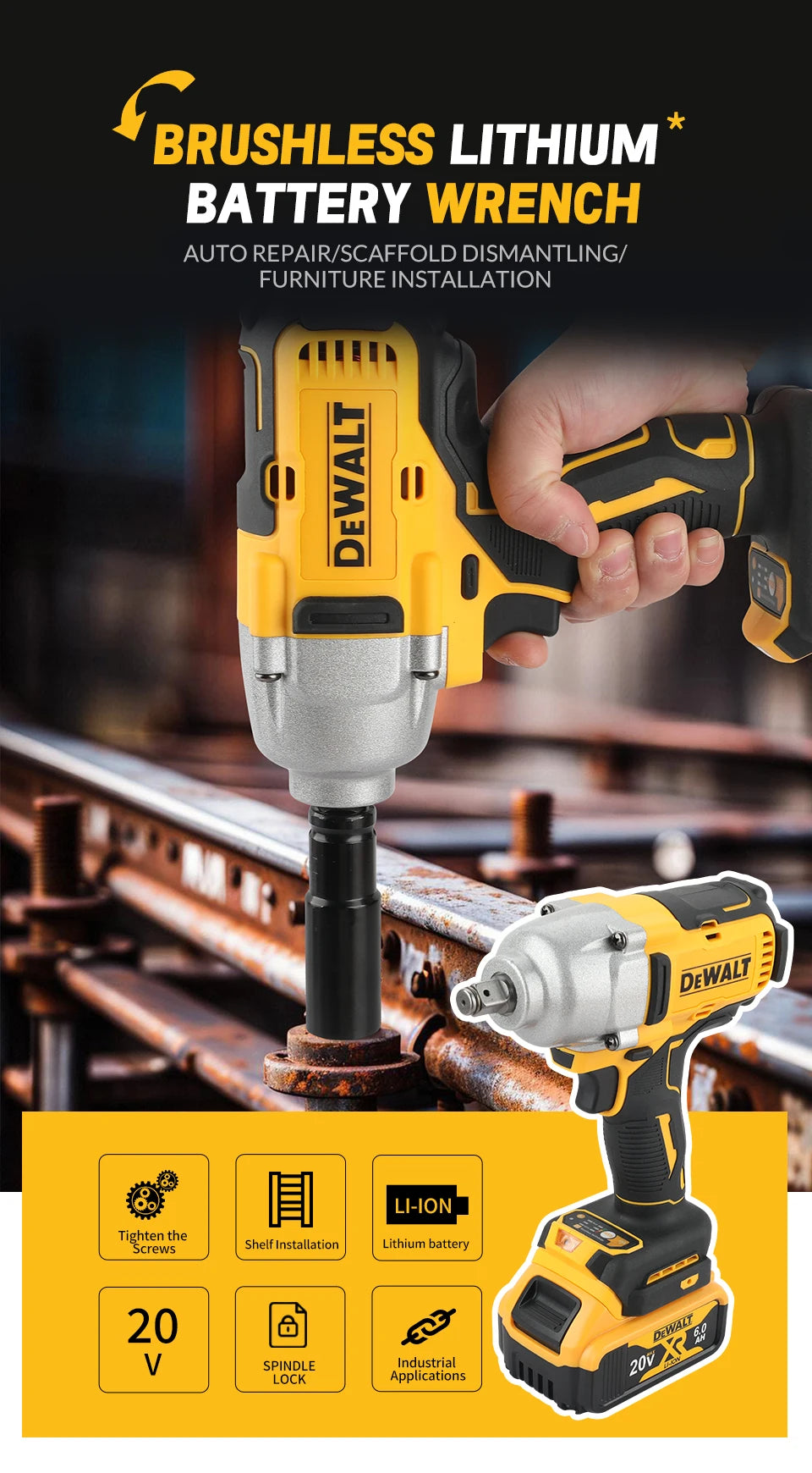 DEWALT DCF900 20V 1/2" Impact Wrench,features a brushless motor Its high torque output makes an ideal choice for tackling tough