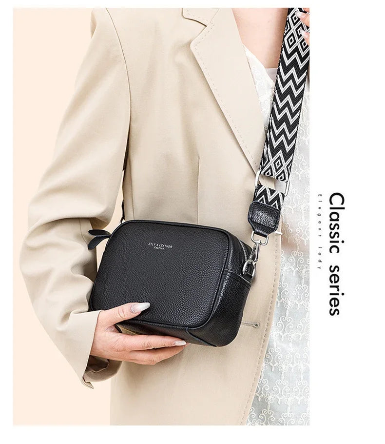 100% Genuine Leather Women Shoulder Bag 2025 New High Quality Cowhide Female Crossbody Bags Wide Shoulder Strap Girls Handbag