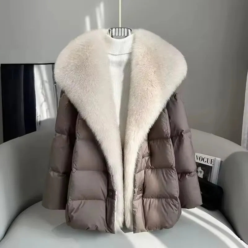 2025 Winter New Mid-length Temperament White Goose Puffer Parkas Women Fox Fur Detachable Large Lapel Fur Down Jacket High Qual