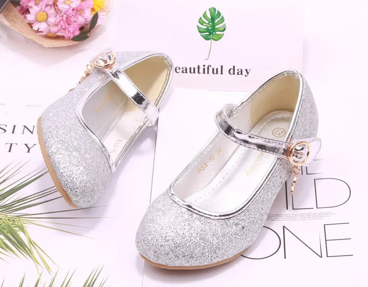 Girls High Heels Children's Leather Shoes Small Children Princess Single Shoes Sequins Students Dance Performance Gift