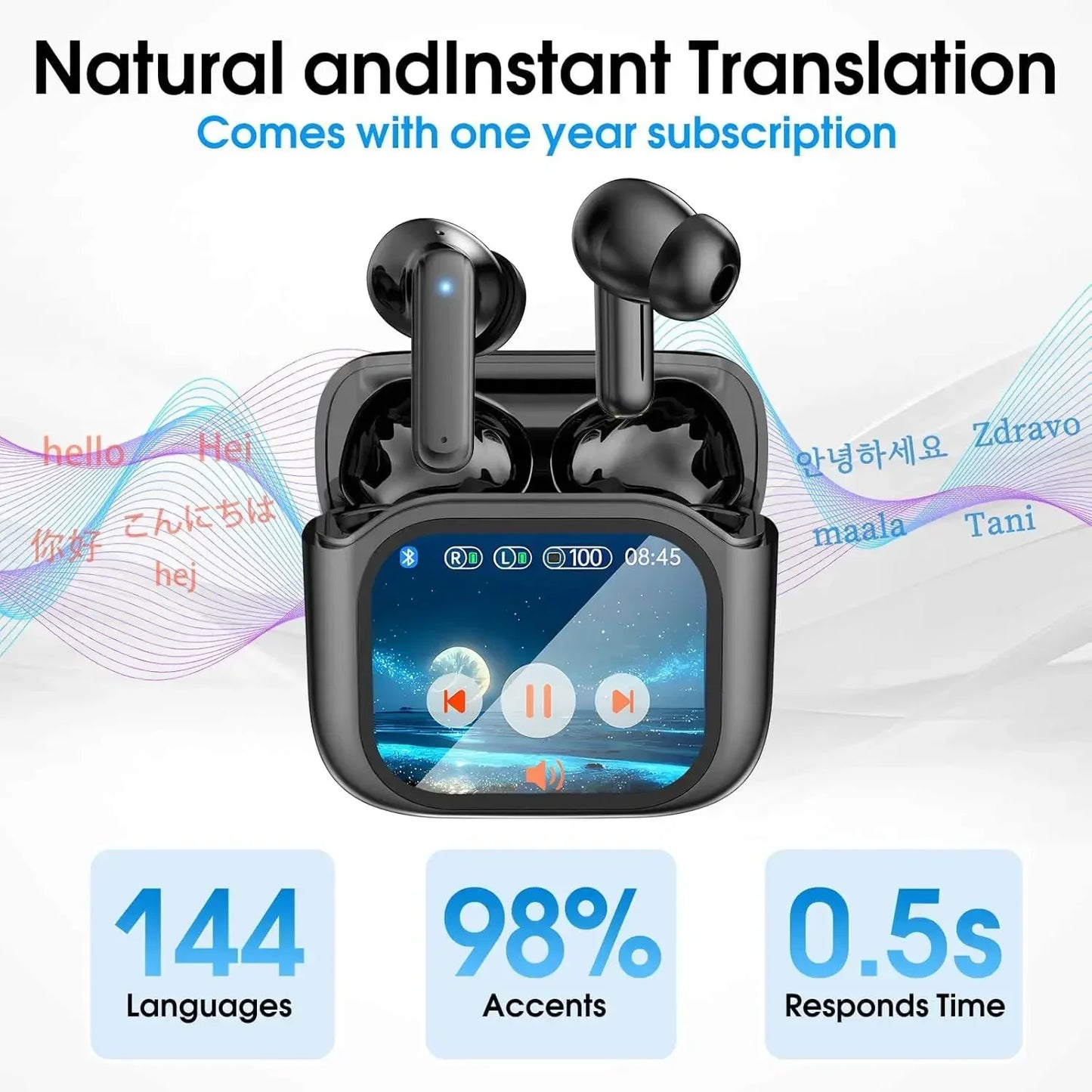 Real Time Translators Bluetooth 5.4 Headphones with Touch Screen 144 Languages Translation Earbuds Noise Cancelling Headset Gift