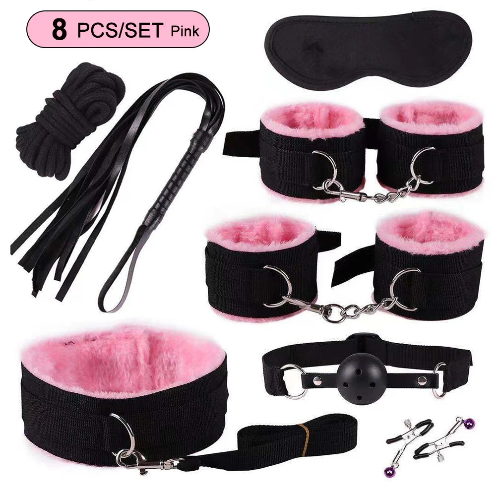 Exotic Bed Bondage Set BDSM Kits Exotic Sex Toys For Adults Games Leather Handcuffs Whip Gag Nipple Clamps Women Sex Products