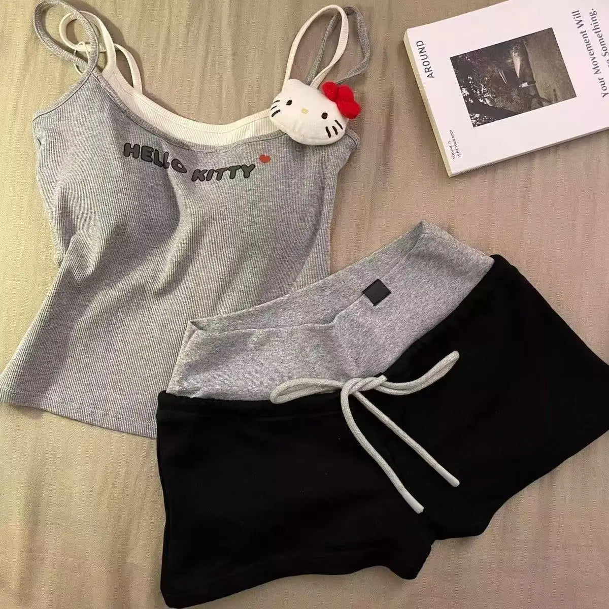 2Pcs Kitty  Women's Pajamas set shorts Cartoon Home Clothing Sling Y2K Sweet Summer Cool Chest Pad Vest Shorts Korean Clothes