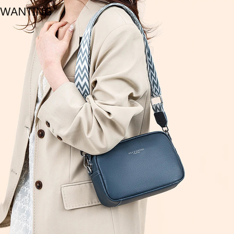 100% Genuine Leather Women Shoulder Bag 2025 New High Quality Cowhide Female Crossbody Bags Wide Shoulder Strap Girls Handbag