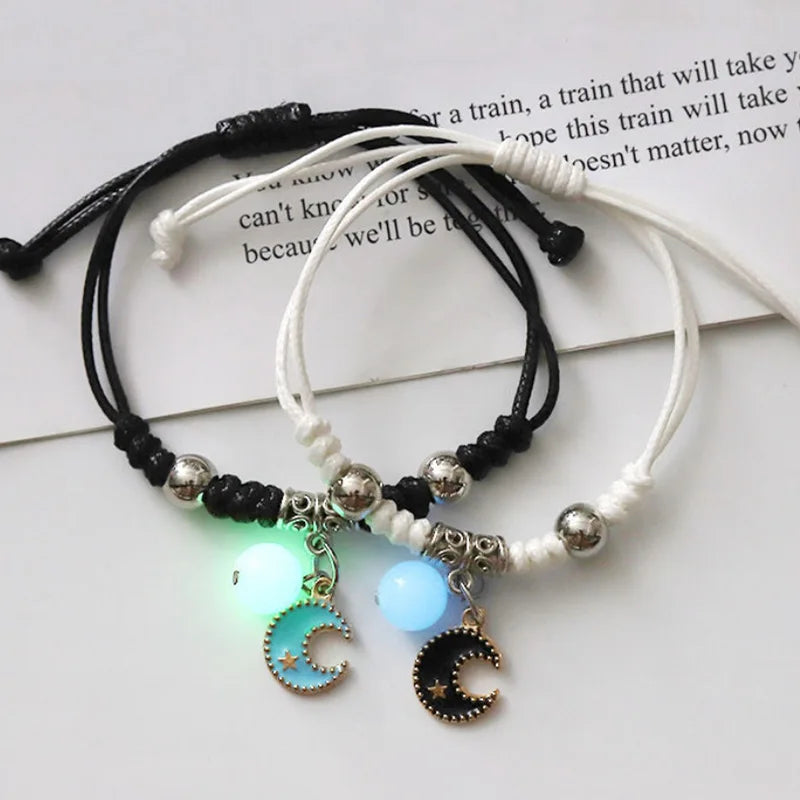 2PC Fashion Luminous Beads Star Couple Bracelet for Women Men Charm Cat Flower Heart Moon Love Matching Friend Bracelet Jewelry