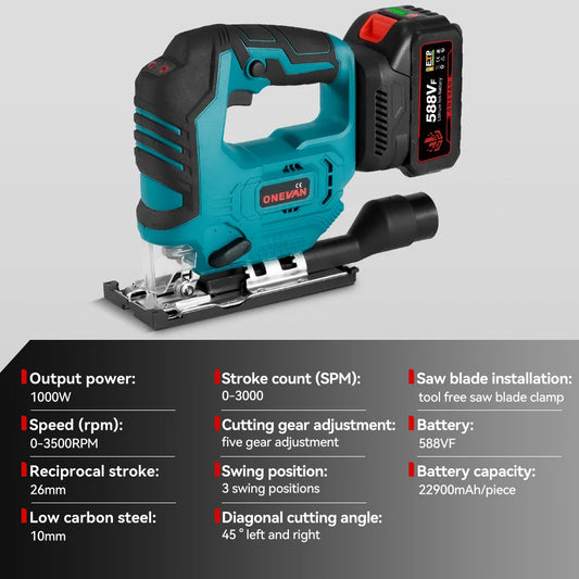 ONEVAN 1000W Brushless Electric Jig Saw 3500RPM Cordless Handheld Saw Wood&Pipe Cutting Power Tool For Makita 18V Battery pin