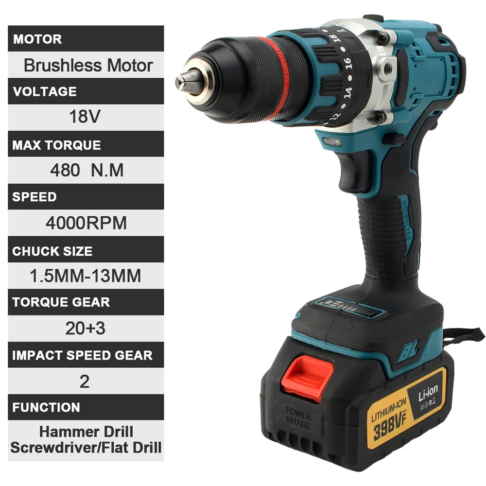 480N.M Brushless Electric Impact Drill 13mm Cordless Drill Electric Screwdriver DIY Driver Power Tool for Makita 18V Battery Pin