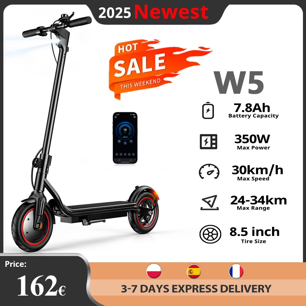W5 Electric Scooter 350W 36V78Ah 8.5Inch Tire 30KM/H Range 34KM Front Drive Disc Brake Foldable e Scooter With APP Daily Commute