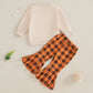 Thanksgiving Toddler Girl Outfit Cute Letter Print Crew Neck Sweatshirt and Plaid Flare Pants Set for Fall Celebration
