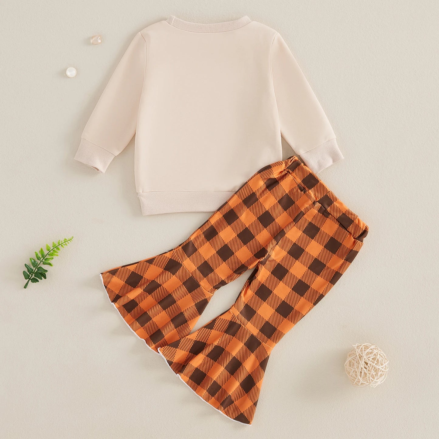 Thanksgiving Toddler Girl Outfit Cute Letter Print Crew Neck Sweatshirt and Plaid Flare Pants Set for Fall Celebration