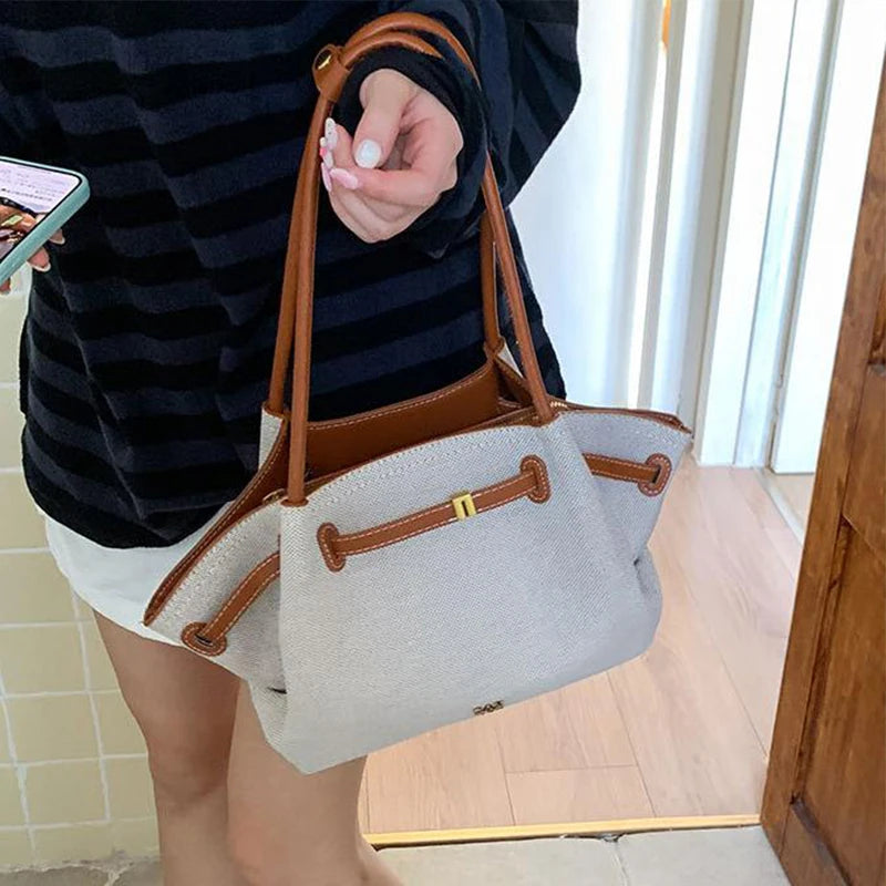 Luxury Canvas Dumpling Handbag Vintage Large Capacity Tote Bag Brand Pleated Drawstring Design Versatile Fashion Shoulder Purse