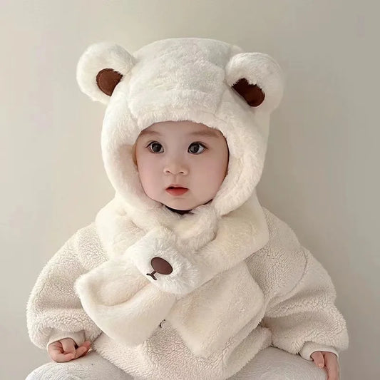 Baby Hat Autumn And Winter Boys' And Girls' Scarves In One Teddy Bear Plush Hat Winter Children's Plush Thickened Windproof Hat