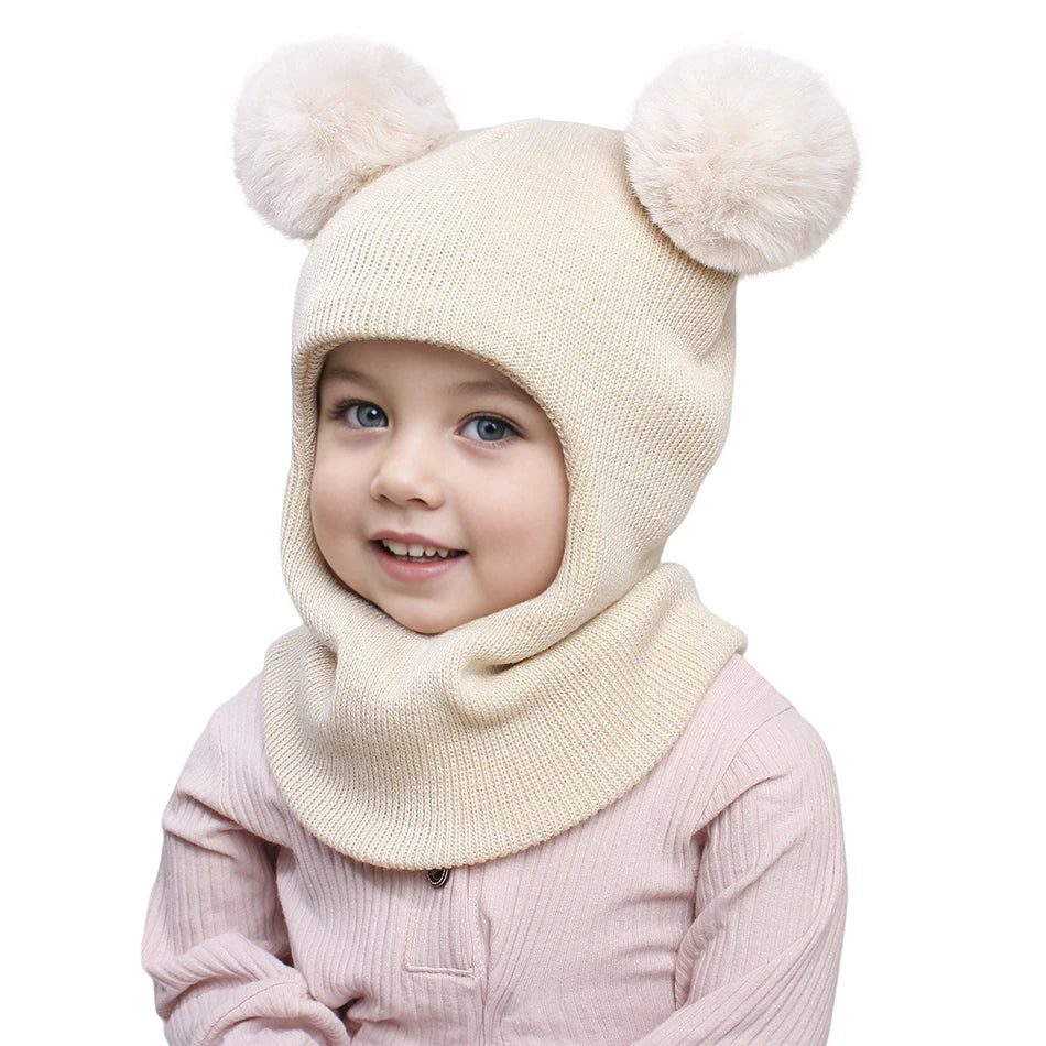 Kids Yarn Knit Balaclava Cap Autumn Winter Pullover Ear Protection Double Ball One-piece Baby Christmas Gift Hat
