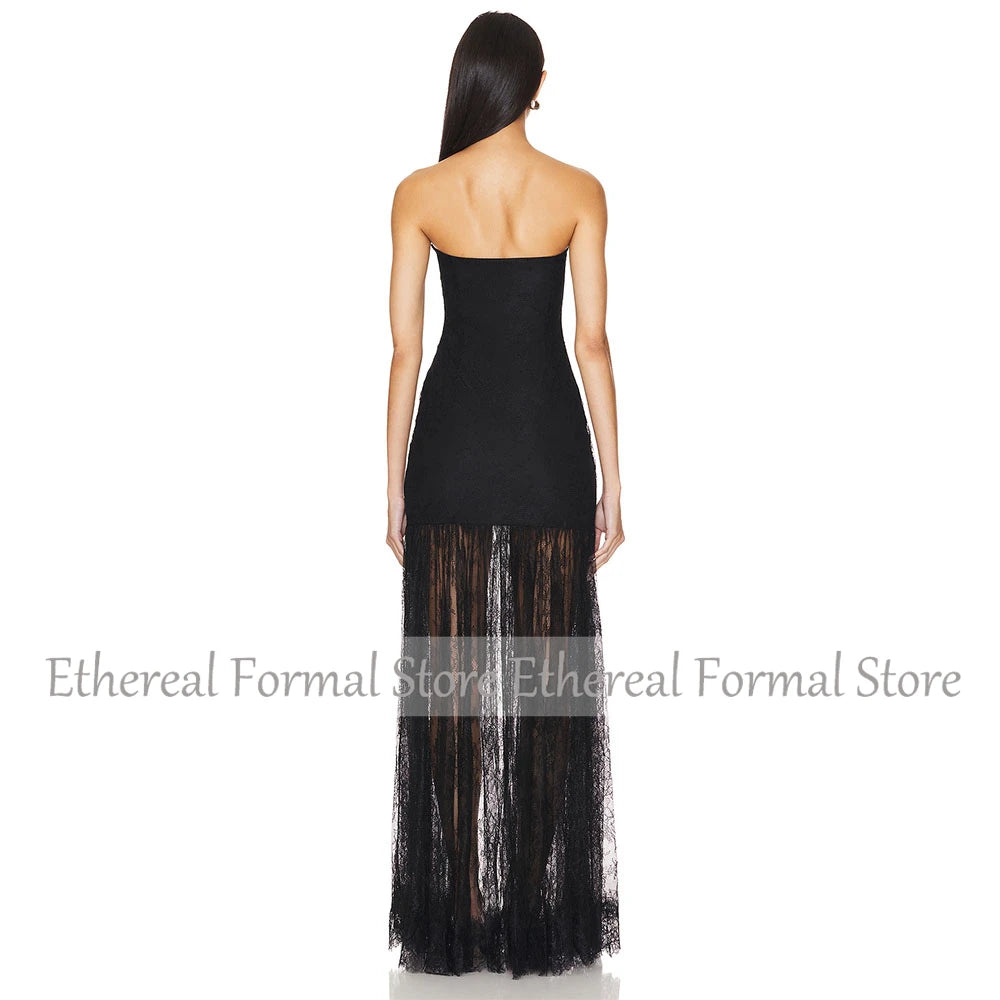 Black Lace Women's Evening Gown Mermaid Strapless Formal Prom Dress Sleeveless Floor Length Ilulsion Party Dress