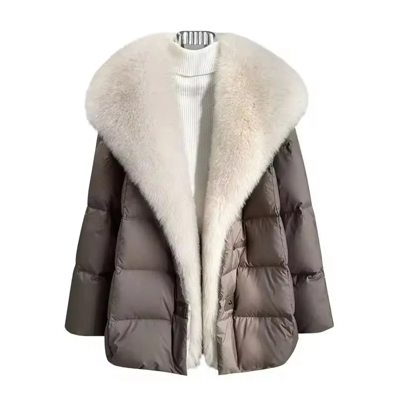 2025 Winter New Mid-length Temperament White Goose Puffer Parkas Women Fox Fur Detachable Large Lapel Fur Down Jacket High Qual