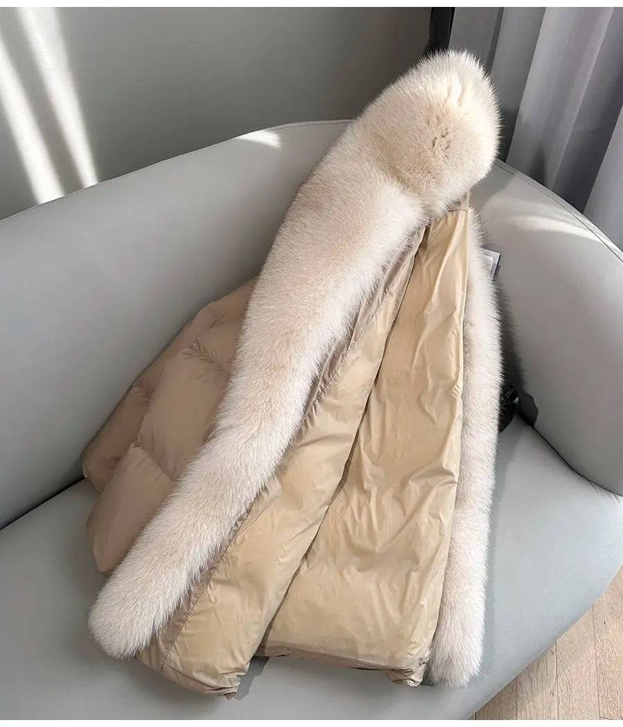 2025 Winter New Mid-length Temperament White Goose Puffer Parkas Women Fox Fur Detachable Large Lapel Fur Down Jacket High Qual