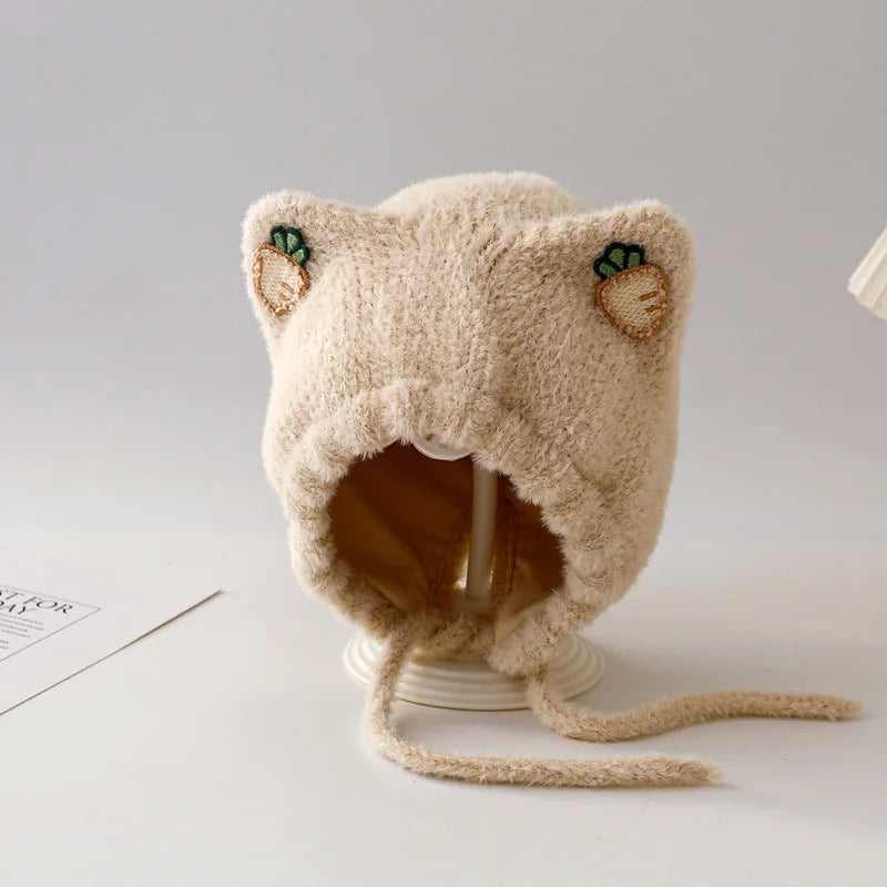 Winter Baby Plush Ear Protection Hat Cute Cherry Toddler Headgear Bonnet Thick Warm Kids Earmuffs Cap 8-36Month Children Beanies