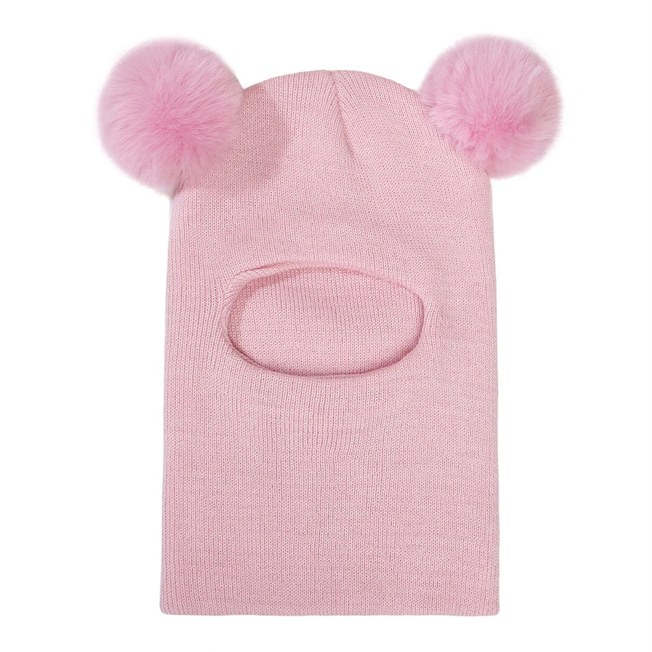 Kids Yarn Knit Balaclava Cap Autumn Winter Pullover Ear Protection Double Ball One-piece Baby Christmas Gift Hat