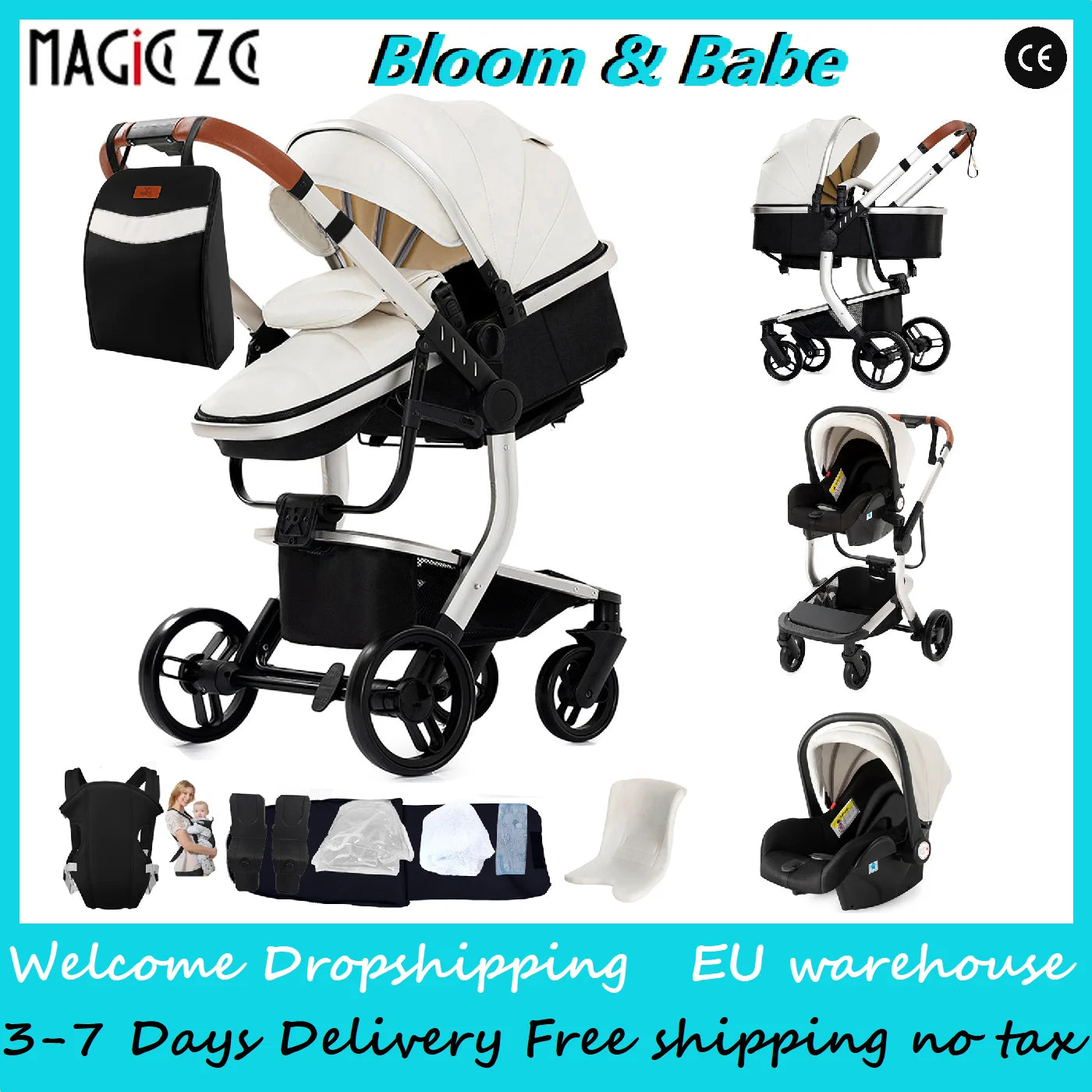 Magic ZC Lightweight stroller Baby stroller 3 in 1 Baby carriage strollers for baby light carts Baby carriage PU 3in1 stroller