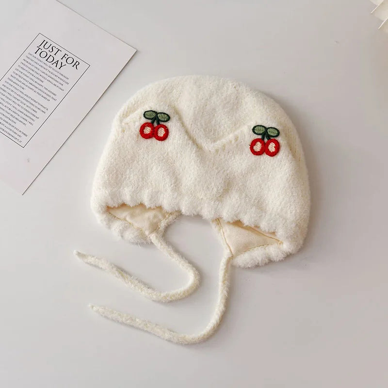 Winter Baby Plush Ear Protection Hat Cute Cherry Toddler Headgear Bonnet Thick Warm Kids Earmuffs Cap 8-36Month Children Beanies