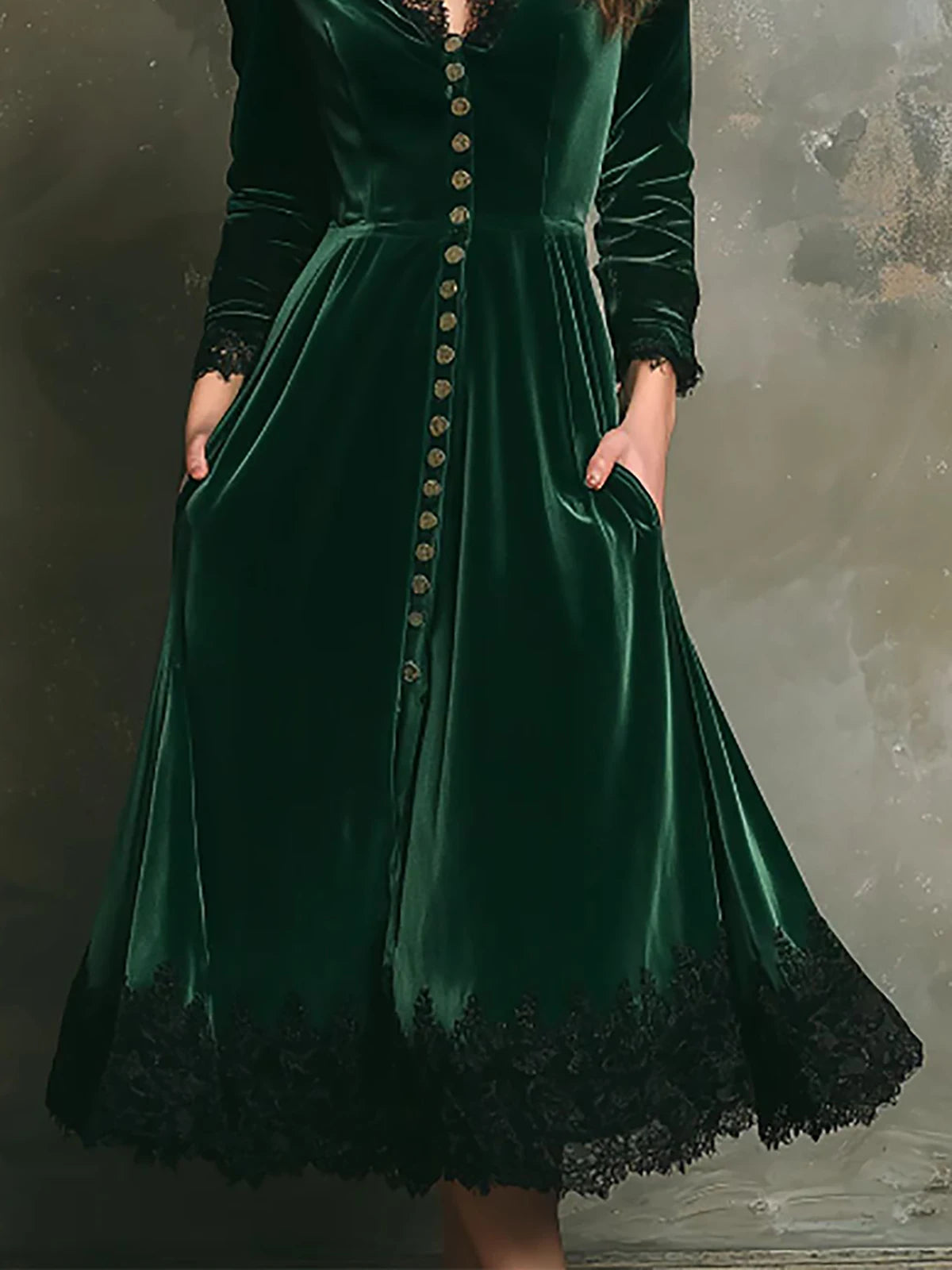 Women's Vintage Gothic Velvet Dress Solid Long Sleeves V Neck Button Lace Trim Midi Dress Pockets Elegant Party Evening Dresses