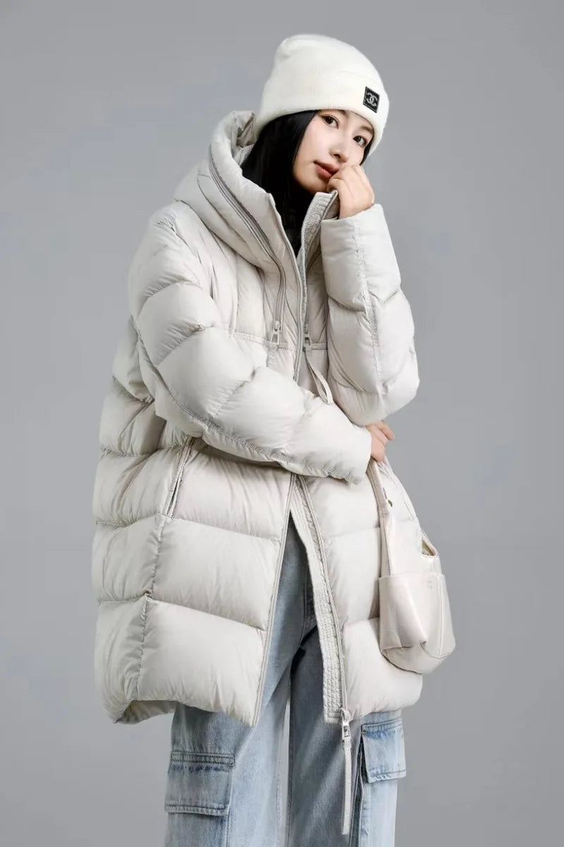 Winter Hooded Warm Mid Length Down Jacket Female Double Zipper Solid Parker Outwears Women 90% White Duck Down Loose Down Jacket
