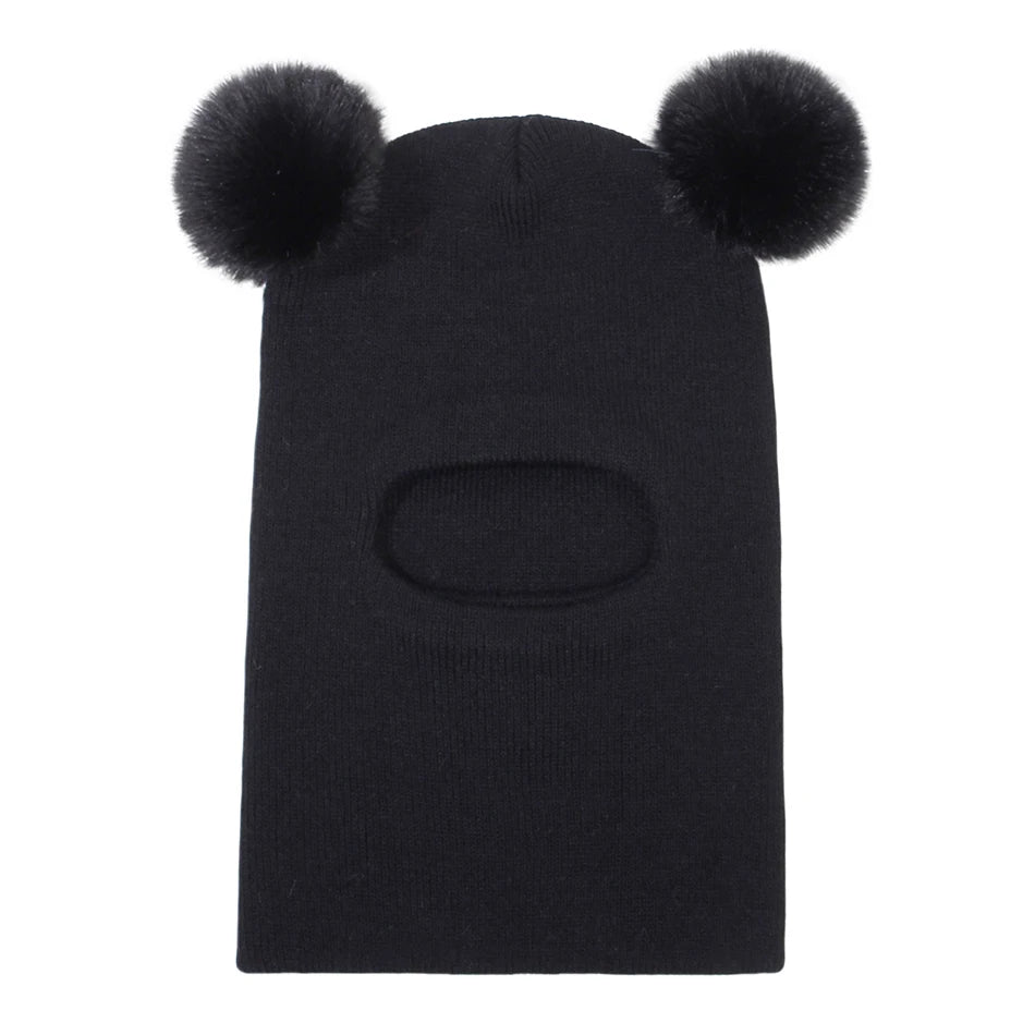 Kids Yarn Knit Balaclava Cap Autumn Winter Pullover Ear Protection Double Ball One-piece Baby Christmas Gift Hat