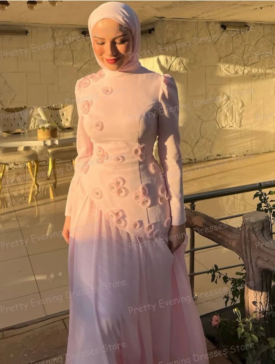 Elegant Pink Evening Dresses Woman's Mermaid Prom Gowns Flowers Shawl Long Sleeve Party Fashion Customized Vestidos De Novia