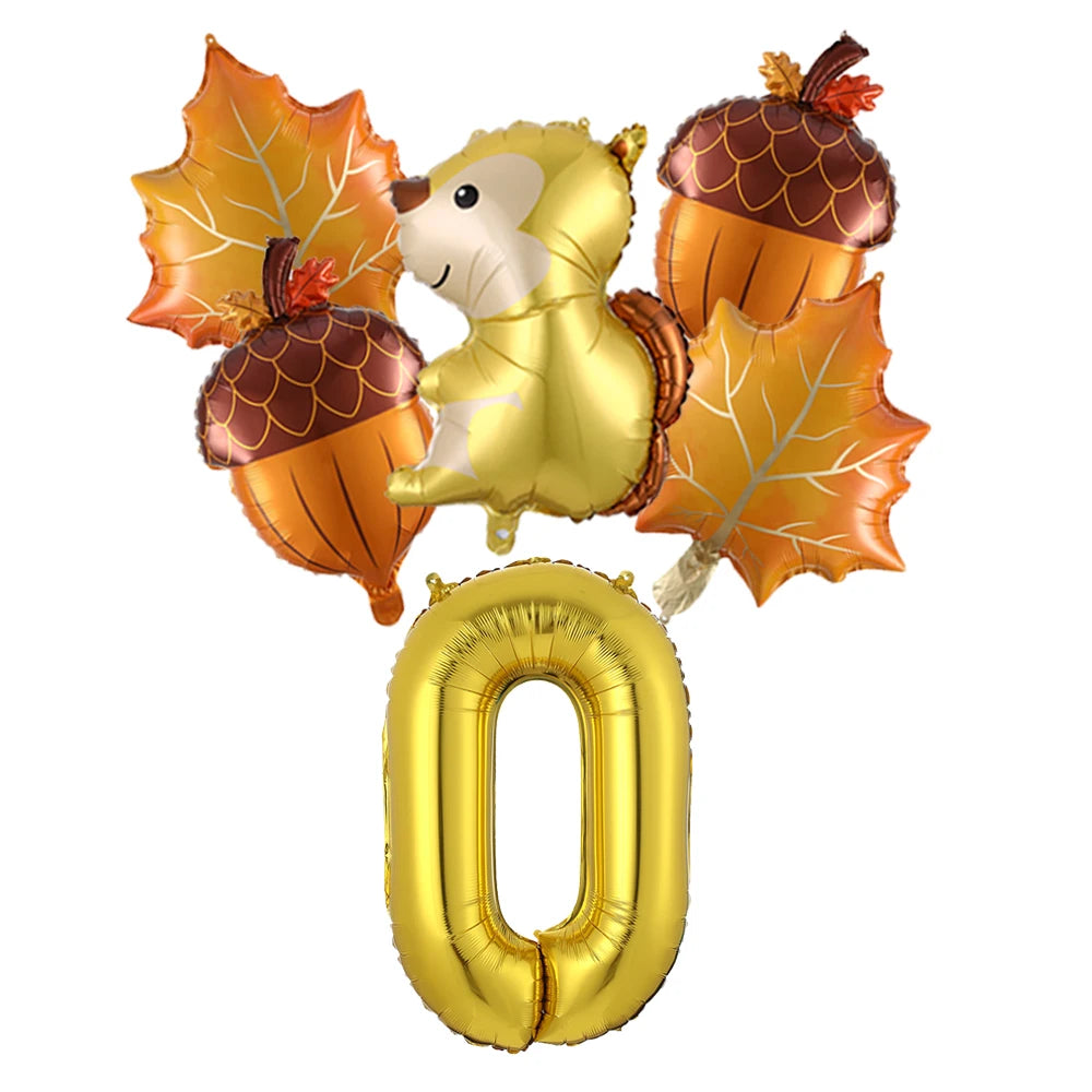 6Pcs Autumn Forest Animals Kids Birthday Party Decoration Squirrel Pine Cone Foil Balloon With 0-9 Number Ball Thanksgiving Gift
