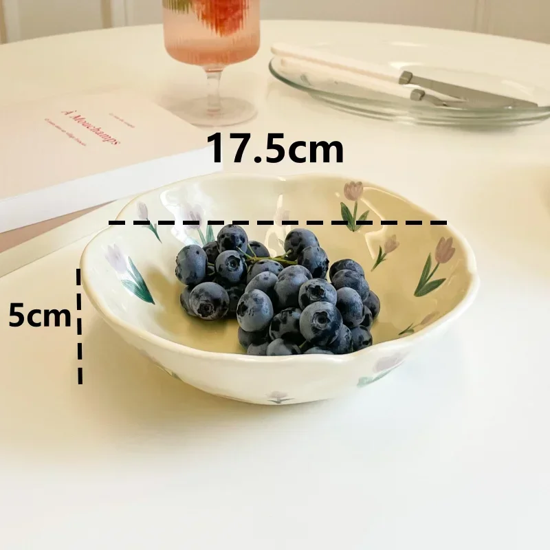 1PCS Ceramic Salad Bowl Hand Pinched Irregular Ins Korean Style Cream Yellow Yogurt Bowl Oatmeal Breakfast Plates Flower Bowl